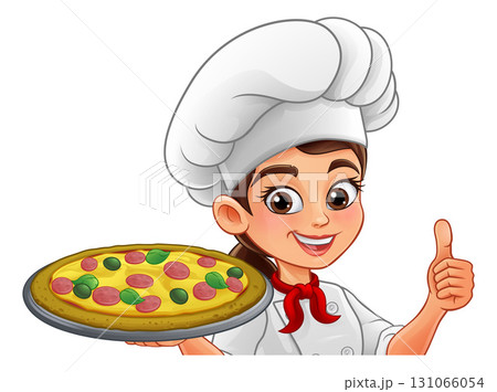Female Chef Woman With Pizza Giving Thumbs Up 131066054