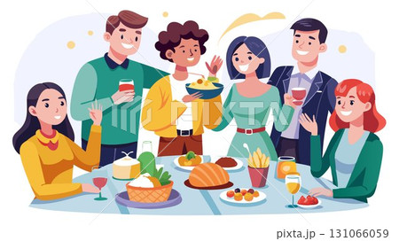 Guests share dishes, drinks, and laughter, creating a vibrant and convivial atmosphere. 131066059