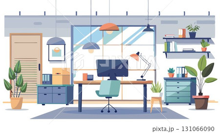 The clean lines and minimalist design of the office space enhance the feeling of efficiency. 131066090