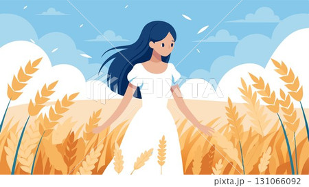 The girl s light and airy dress complements the soft textures of the wheat field. 131066092