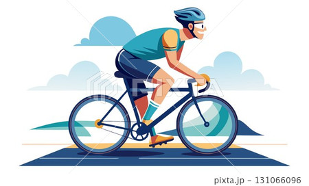 A determined athlete with a prosthetic leg confidently cycles along a paved path. 131066096