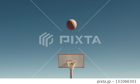 Basketball in mid air above hoop on clear sky background, capturing moment of sports action and anticipation 131066301