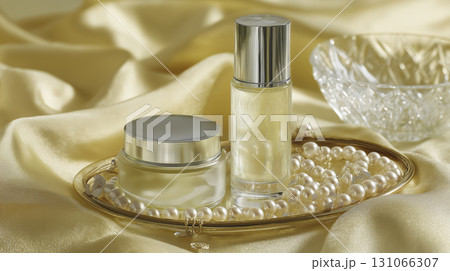 Elegant skincare products displayed on reflective tray with pearls and satin fabric background evoke luxury and sophistication 131066307