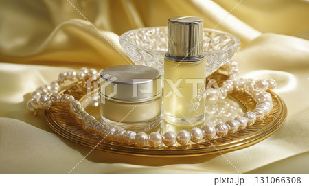 Image features skincare products, pearl necklace, and glass bowl on golden satin fabric background, creating elegant and luxurious setting 131066308