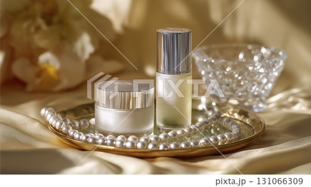 Elegant skincare products with silver caps gold tray, surrounded by pearls and crystal bowl, luxurious satin fabric, evoking sophistication 131066309