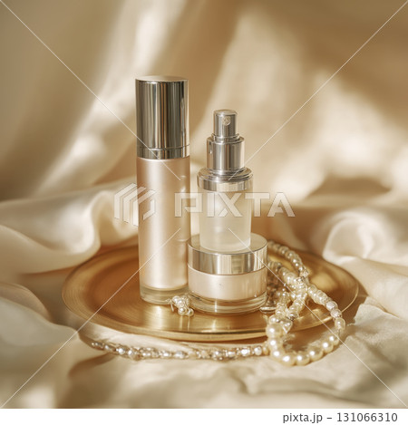 Elegant skincare bottles with pearl jewelry on satin fabric background, creating luxurious and sophisticated beauty setting 131066310
