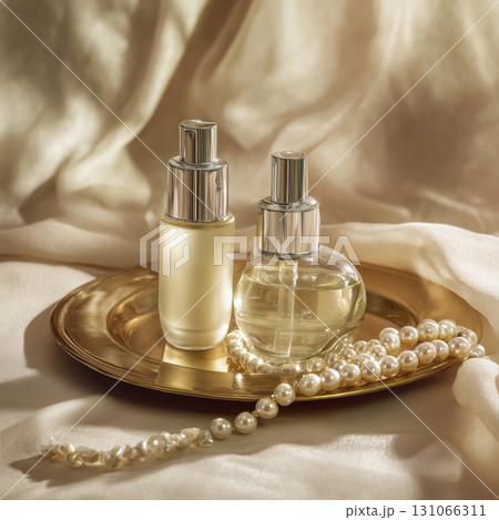 Elegant perfume bottles with pearl necklace golden tray soft fabric background luxurious and sophisticated ambiance perfect for beauty or fashion 131066311