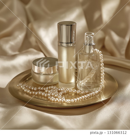 Elegant skincare products with pearl jewelry on gold tray, set against silky fabric, exuding luxury and sophistication 131066312