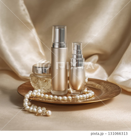 Elegant skincare bottles with pearl jewelry on gold tray, set against silky fabric background, exuding luxury and sophistication 131066313