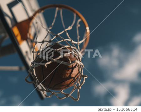 Basketball going through net of basketball hoop outdoors blue sky with clouds, capturing moment of scoring, bright sunlight, and clear weather 131066314