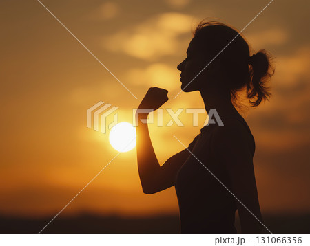 Silhouette of strong woman with sunset background, showing determination and resilience, capturing moment of empowerment and strength at dusk 131066356