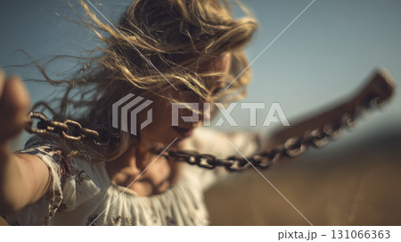 Woman with wind blown hair holding chain in dynamic outdoor scene, conveying strength and freedom, with blurred background of sky and landscape Woman with wind blown hair holding chain in dynamic outdoor scene, conveying strength and freedom, with blurred background of sky and landscape 131066363