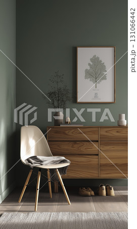 Minimalist interior with green wall, wooden sideboard, and white chair with black cushion, creating calm and modern space with decorative items 131066442