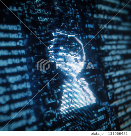 Digital screen displays pixelated image of character surrounded by blue code, creating futuristic and technological atmosphere 131066481