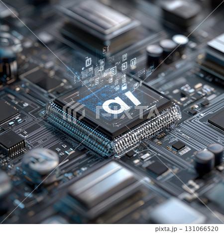 Close up of circuit board features isometric view of AI chip with glowing digital elements, symbolizing advanced technology and innovation 131066520