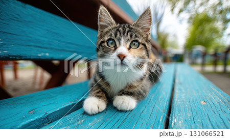 Cute cat with striking eyes sits on blue wooden bench, surrounded by blurred outdoor background. scene conveys sense of calm and curiosity 131066521