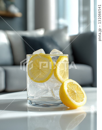 Refreshing glass of lemon water with ice cubes sits on table, capturing sunlight in cozy living room setting. bright yellow lemon slices add vibrant touch to serene atmosphere Refreshing glass of lemon water with ice cubes sits on table, capturing sunlight in cozy living room setting. bright yellow lemon slices add vibrant touch to serene atmosphere 131066541