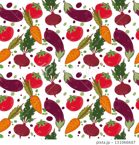Seamless vector pattern of seasonal vegetables, eggplant, carrots, red tomatoes, beets, greens. All objects are hand-drawn with ink, illustration for printing on textiles, product packaging. Vector Seamless vector pattern of seasonal vegetables, eggplant, carrots, red tomatoes, beets, greens. All objects are hand-drawn with ink, illustration for printing on textiles, product packaging. Vector 131066687