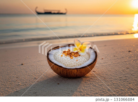 Maldivian sago pudding in a coconut shell on a beautiful tropical beach at a golden sunset 131066884