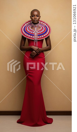 Elegant african woman with a bald head in a red dress and a large traditional beaded collar 131066921
