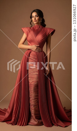 Elegant woman in a stunning avant-garde terracotta pleated evening gown posing in a studio 131066927