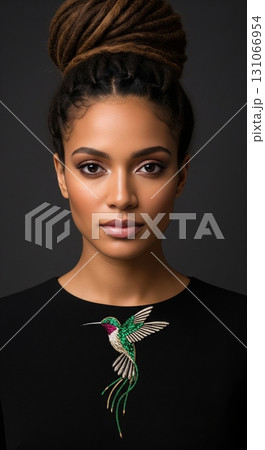 Elegant african woman with a dreadlock bun wearing a beautiful hummingbird beaded brooch 131066954