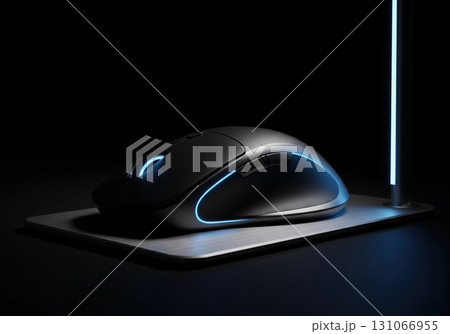 Modern wireless gaming mouse with a blue led light on a metal mousepad in a dark room 131066955