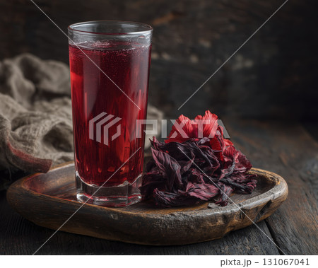 Tall glass of hibiscus tea placed old wooden tray with dried hibiscus flowers beside it, creating rustic and natural aesthetic with dark Tall glass of hibiscus tea placed old wooden tray with dried hibiscus flowers beside it, creating rustic and natural aesthetic with dark 131067041