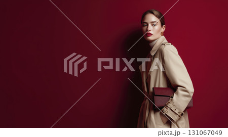 Woman beige trench coat holding burgundy handbag against deep red background stylish and confident fashion portrait elegant look modern fashion Woman beige trench coat holding burgundy handbag against deep red background stylish and confident fashion portrait elegant look modern fashion 131067049