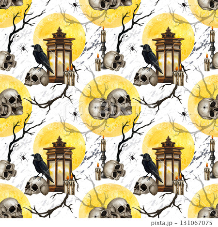 Halloween seamless pattern skulls, black ravens, lantern, branches, candelabrum with burning candle, yellow full moon. Watercolor illustration isolated from background for Day of the Dead decoration. Halloween seamless pattern skulls, black ravens, lantern, branches, candelabrum with burning candle, yellow full moon. Watercolor illustration isolated from background for Day of the Dead decoration. 131067075