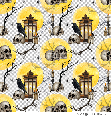 Halloween seamless pattern skulls, black ravens, lantern, branches, candelabrum with burning candle, yellow full moon. Watercolor illustration isolated from background for Day of the Dead decoration. 131067075