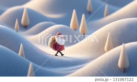 Whimsical scene of Santa Claus walking through snowy landscape with stylized trees 131067122
