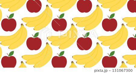 Hand Drawn Red Apple and Bananas Bunch Seamless Pattern Banner Format Seasonal Harvesting Background 131067300