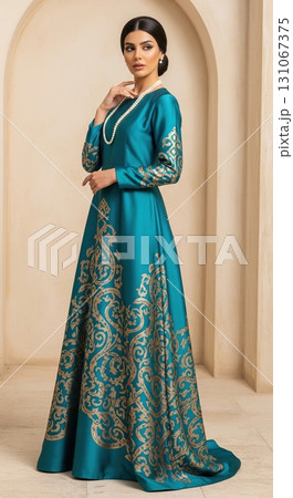 Elegant woman in a teal gown with gold embroidery and a pearl necklace posing by an archway Elegant woman in a teal gown with gold embroidery and a pearl necklace posing by an archway 131067375