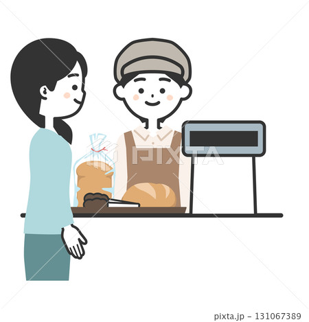 パンを買う女性と帽子にエプロン姿のレジ店員女性イラスト 131067389