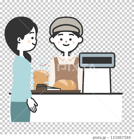 パンを買う女性と帽子にエプロン姿のレジ店員女性イラスト 131067389