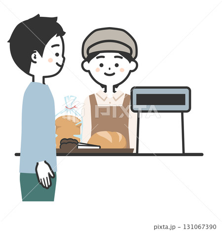 パンを買う男性と帽子にエプロン姿のレジ店員女性イラスト 131067390
