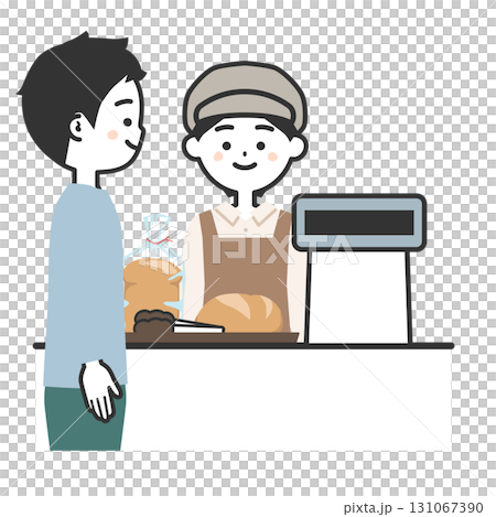 パンを買う男性と帽子にエプロン姿のレジ店員女性イラスト 131067390