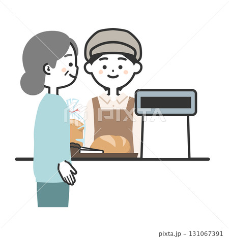 パンを買う年配女性と帽子にエプロン姿のレジ店員女性イラスト 131067391