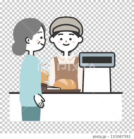 パンを買う年配女性と帽子にエプロン姿のレジ店員女性イラスト 131067391