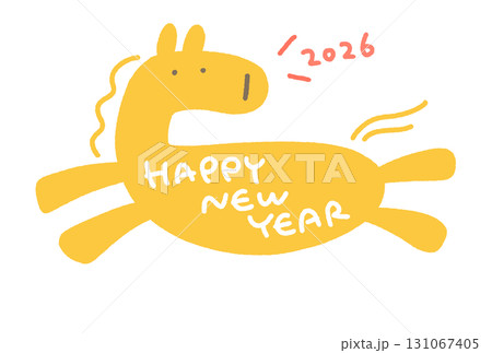 HAPPY NEW YEARのメッセージが入った走る馬の年賀状 2026 手書き文字 HAPPY NEW YEARのメッセージが入った走る馬の年賀状 2026 手書き文字 131067405