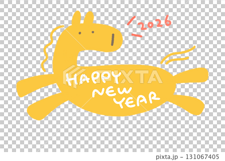HAPPY NEW YEARのメッセージが入った走る馬の年賀状 2026 手書き文字 HAPPY NEW YEARのメッセージが入った走る馬の年賀状 2026 手書き文字 131067405