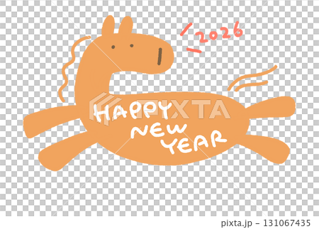 新年賀卡上有一匹奔跑的馬和「新年快樂」2026 年手寫訊息 131067435