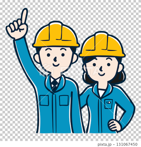 男女建築工人擺出指點姿勢，揮舞著拳頭。黃色頭盔和藍色工作服象徵著安全和指導。 131067450