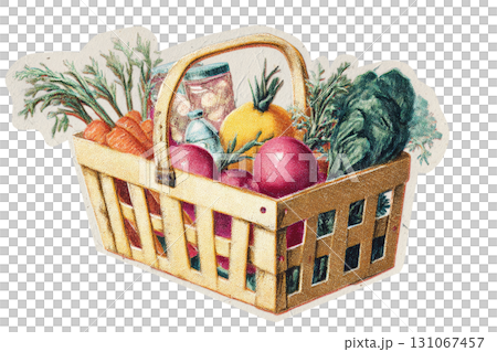 Colorful basket of fresh vegetables and fruits with bottled drinks 131067457