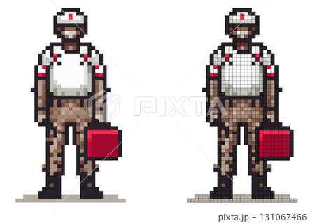 Pixel medic in uniform stands with a first aid kit. Always ready to help 131067466