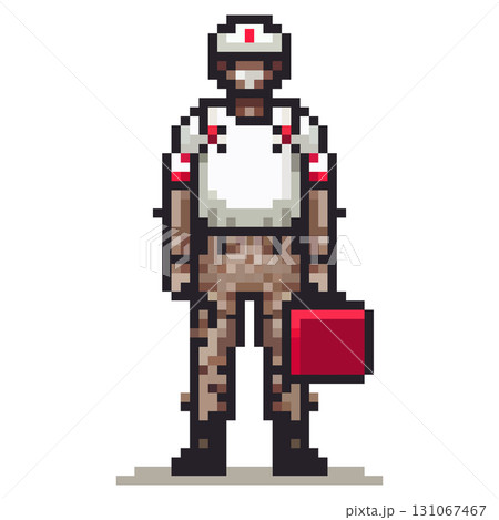Pixel medic in uniform stands with a first aid kit. Always ready to help 131067467