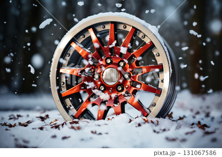 a car wheel on the background of a winter snow-covered forest, beautiful landscape, a concept of traffic safety on a slippery road 131067586