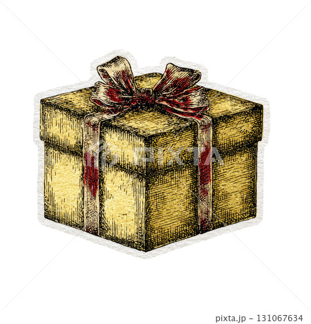 Vintage gift box with ribbon and bow in detailed hand-drawn style 131067634