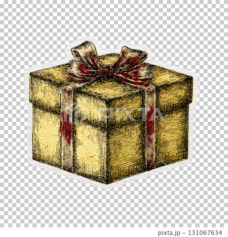 Vintage gift box with ribbon and bow in detailed hand-drawn style 131067634
